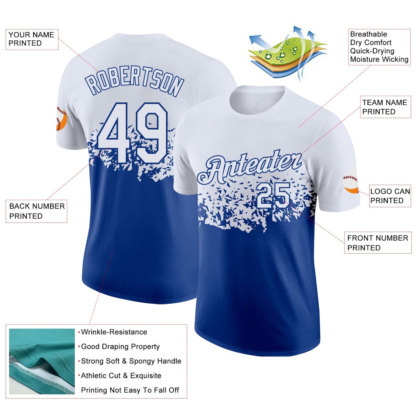 Custom White-Royal Fade Geometric Splatter Fragmented Shards Performance T-Shirt view 2