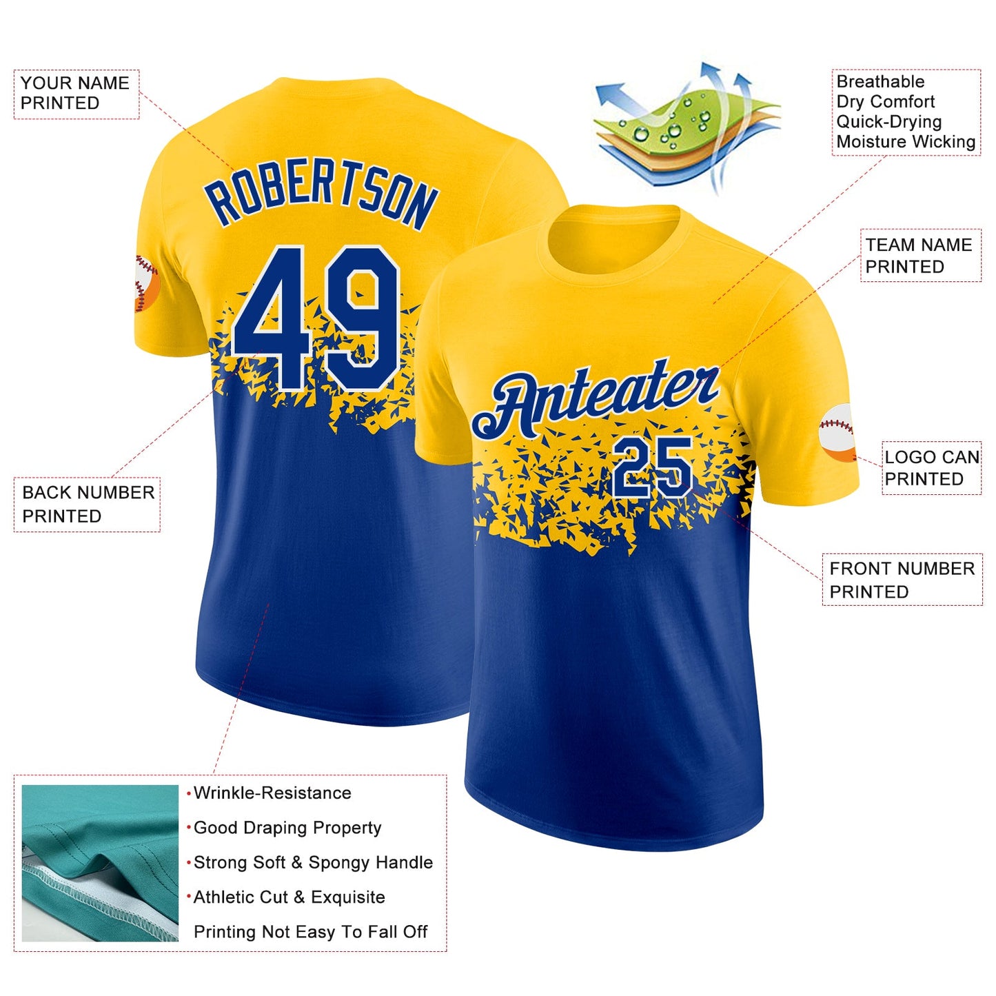 Custom Yellow Royal-White Fade Geometric Splatter Fragmented Shards Performance T-Shirt view 2