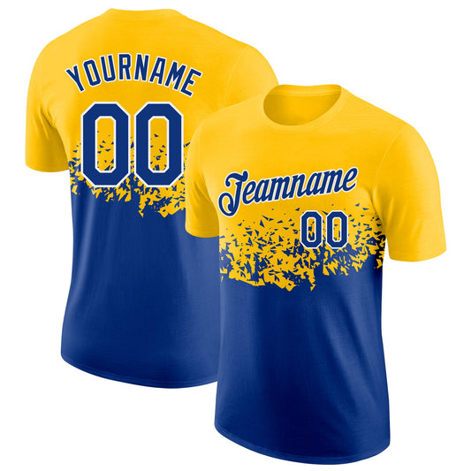 Custom Yellow Royal-White Fade Geometric Splatter Fragmented Shards Performance T-Shirt - Main View
