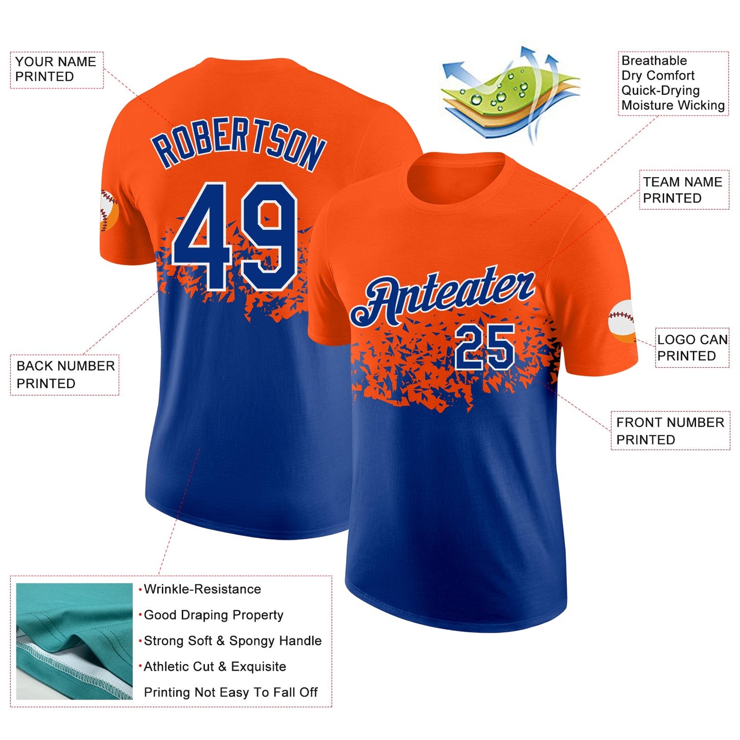 Custom Orange Royal-White Fade Geometric Splatter Fragmented Shards Performance T-Shirt view 2