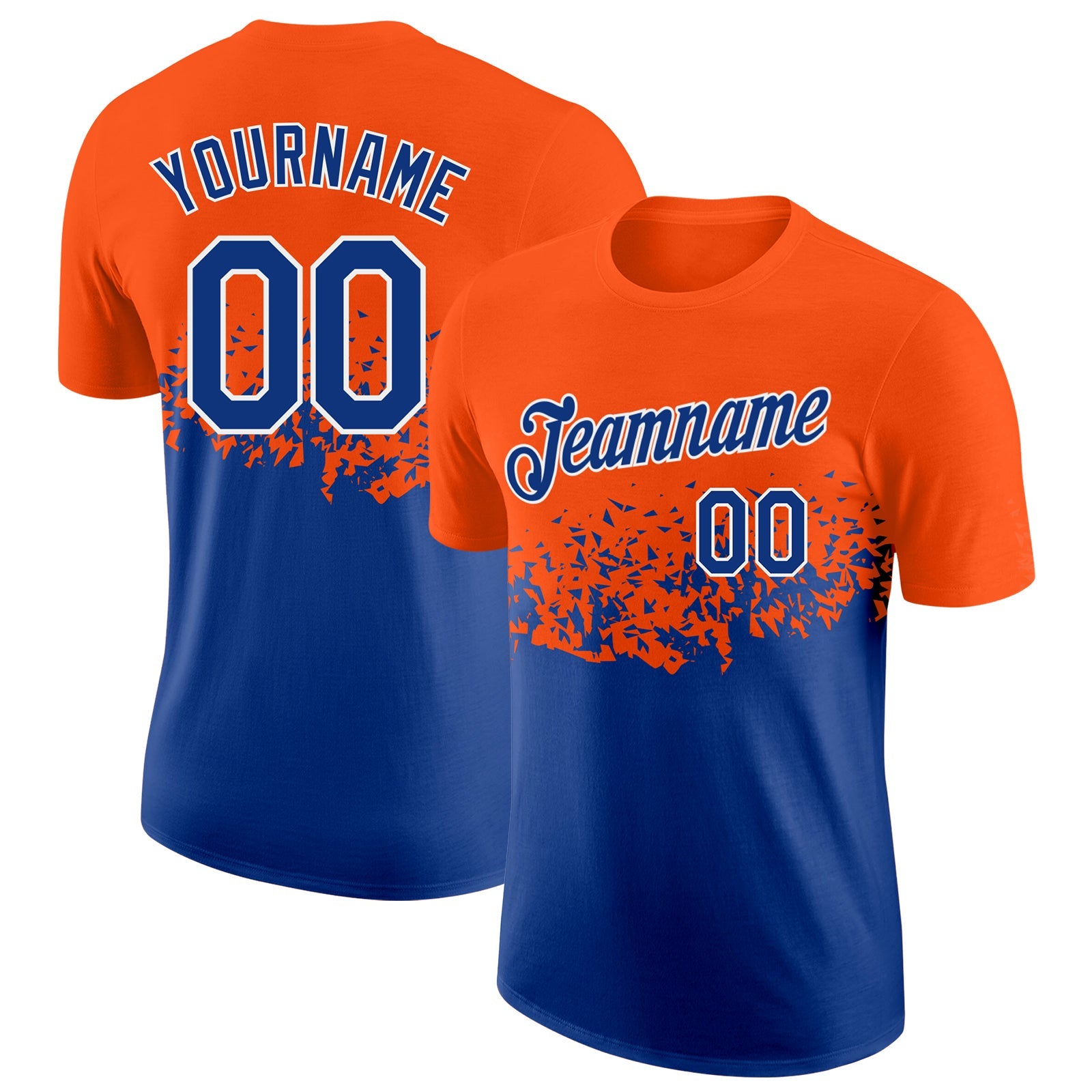 Custom Orange Royal-White Fade Geometric Splatter Fragmented Shards Performance T-Shirt - Main View