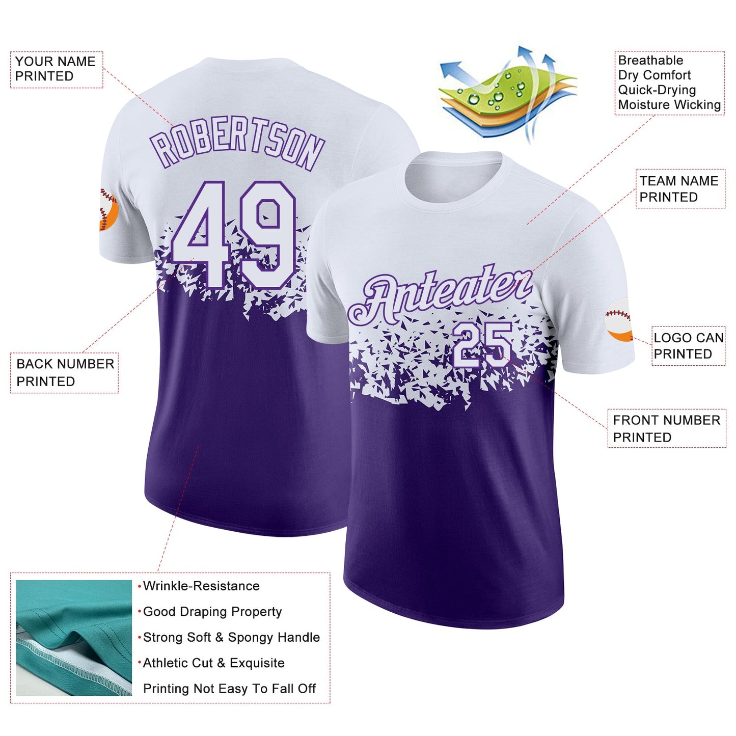 Custom White-Purple Fade Geometric Splatter Fragmented Shards Performance T-Shirt view 2