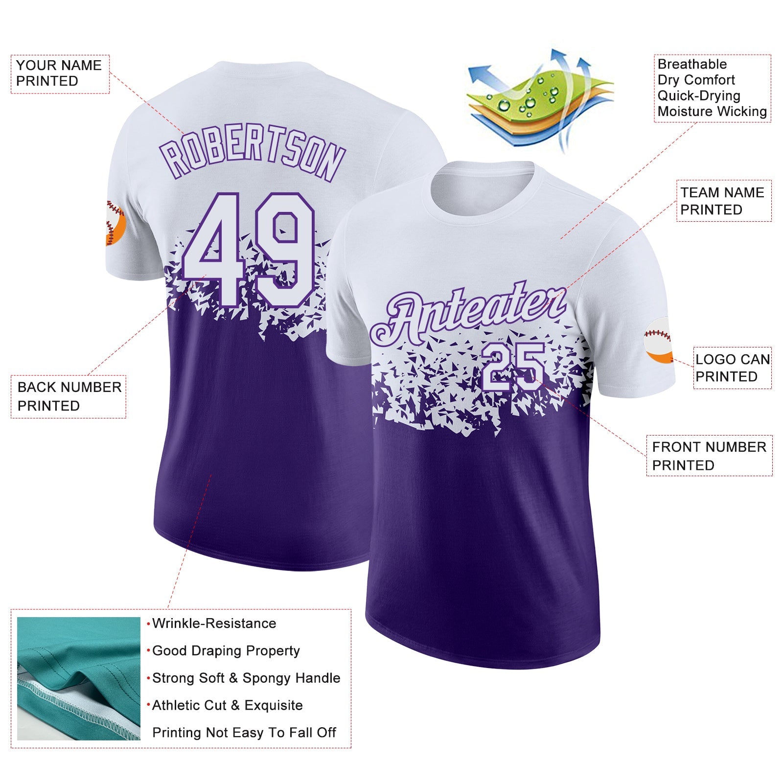Custom White-Purple Fade Geometric Splatter Fragmented Shards Performance T-Shirt view 2