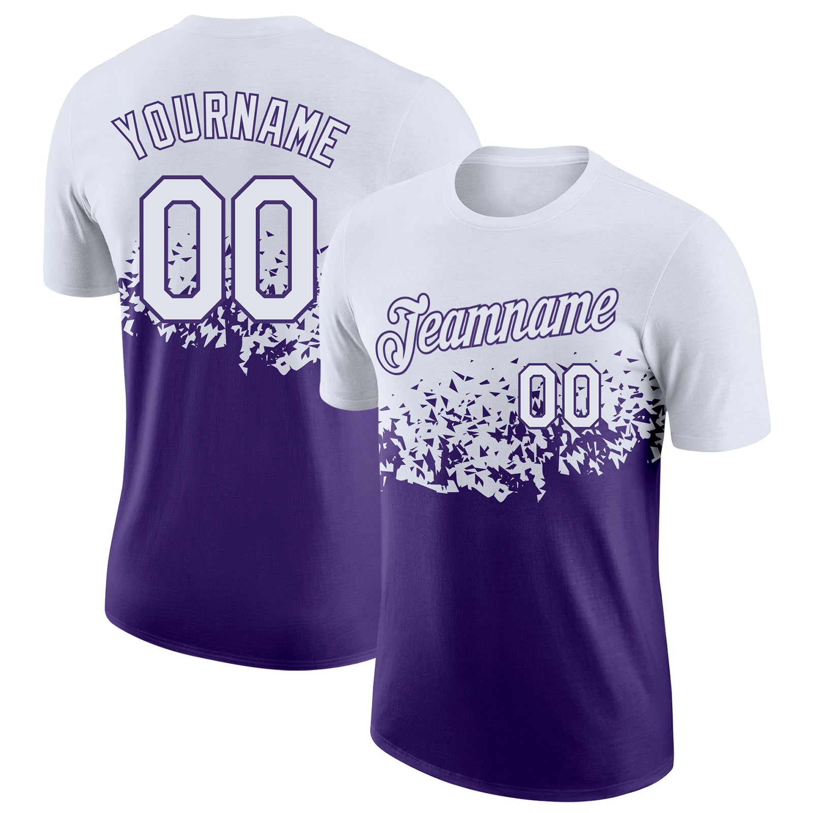 Custom White-Purple Fade Geometric Splatter Fragmented Shards Performance T-Shirt - Main View