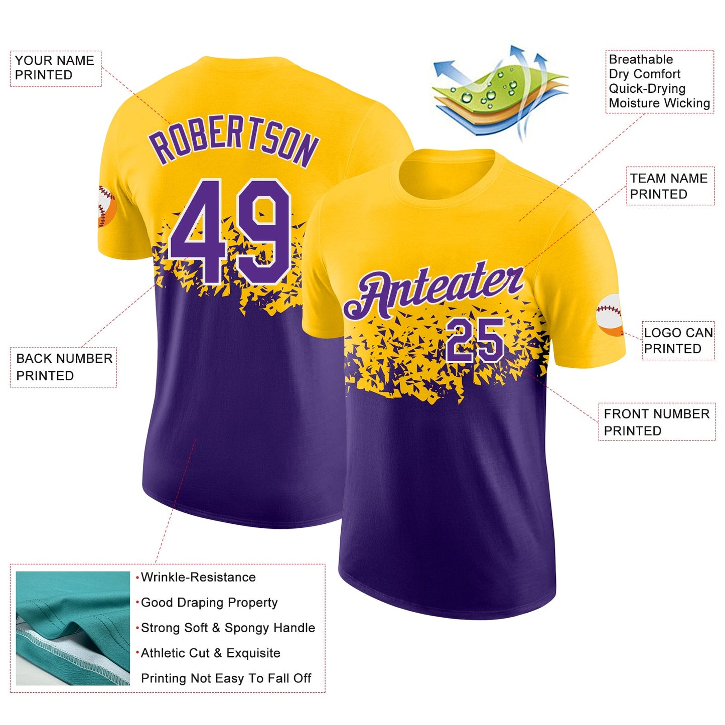 Custom Yellow Purple-White Fade Geometric Splatter Fragmented Shards Performance T-Shirt view 2