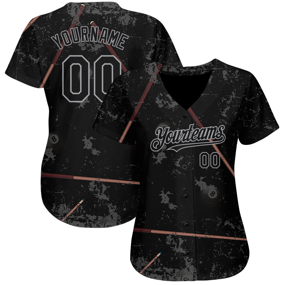 Custom Black Gray 3D Pattern Design Billiards Snooker 8 Ball Authentic Baseball Jersey view 2