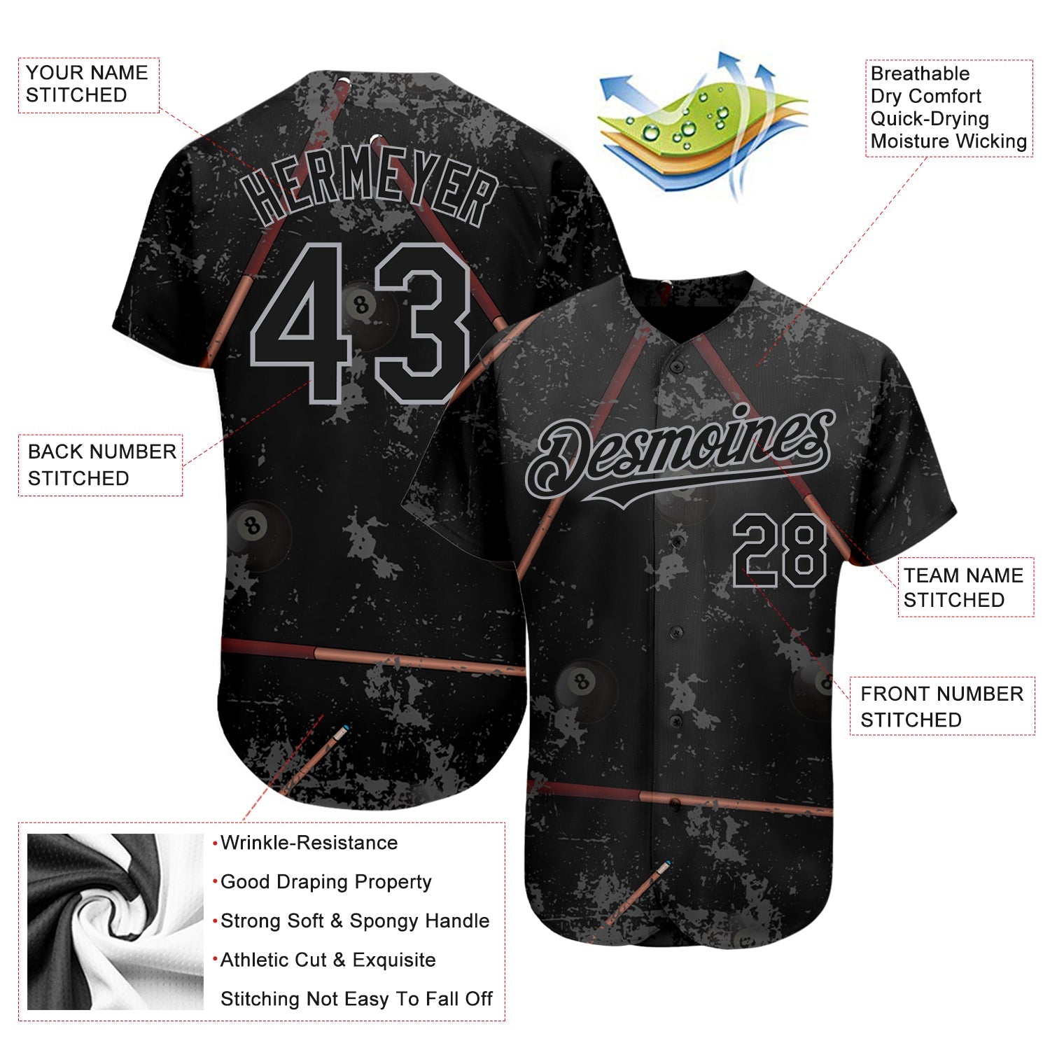Custom Black Gray 3D Pattern Design Billiards Snooker 8 Ball Authentic Baseball Jersey view 3