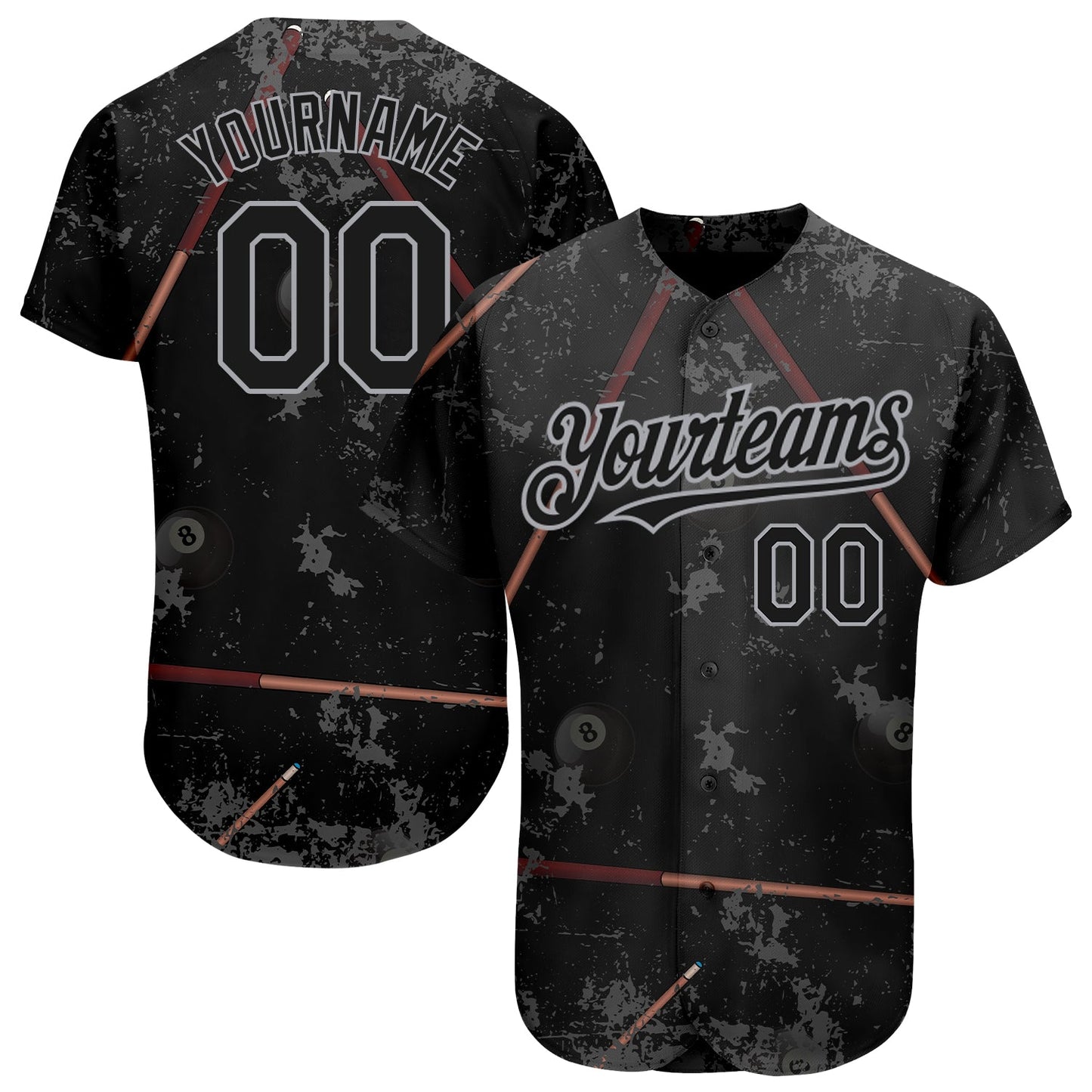 Custom Black Gray 3D Pattern Design Billiards Snooker 8 Ball Authentic Baseball Jersey - Main View
