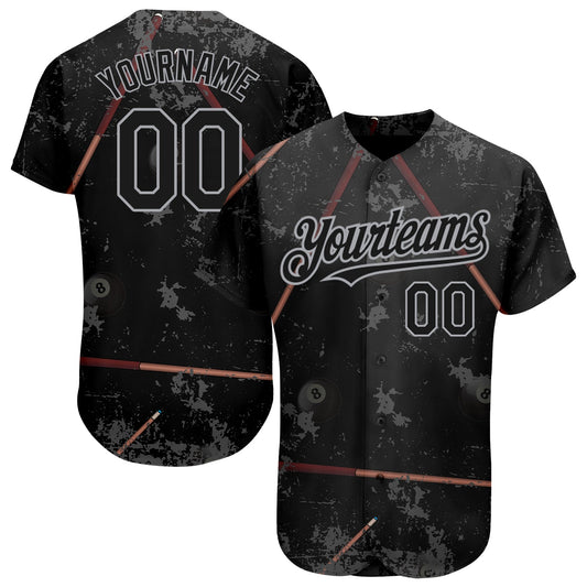 Custom Black Gray 3D Pattern Design Billiards Snooker 8 Ball Authentic Baseball Jersey - Main View