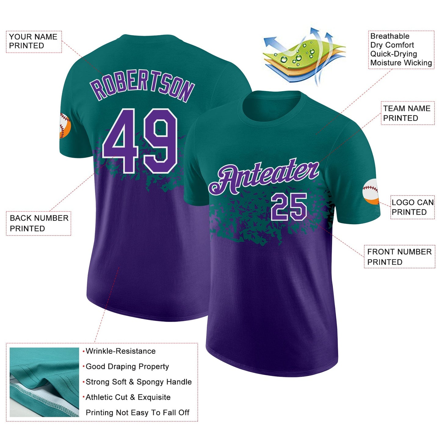 Custom Teal Purple-White Fade Geometric Splatter Fragmented Shards Performance T-Shirt view 2