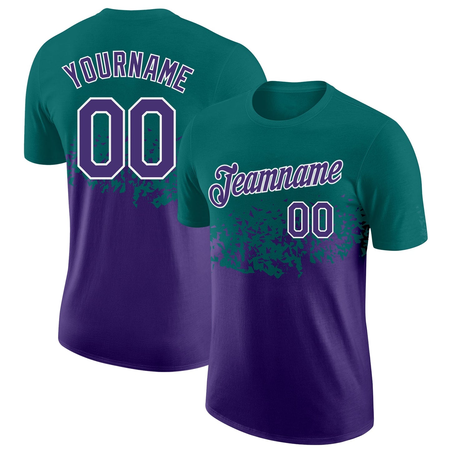 Custom Teal Purple-White Fade Geometric Splatter Fragmented Shards Performance T-Shirt - Main View