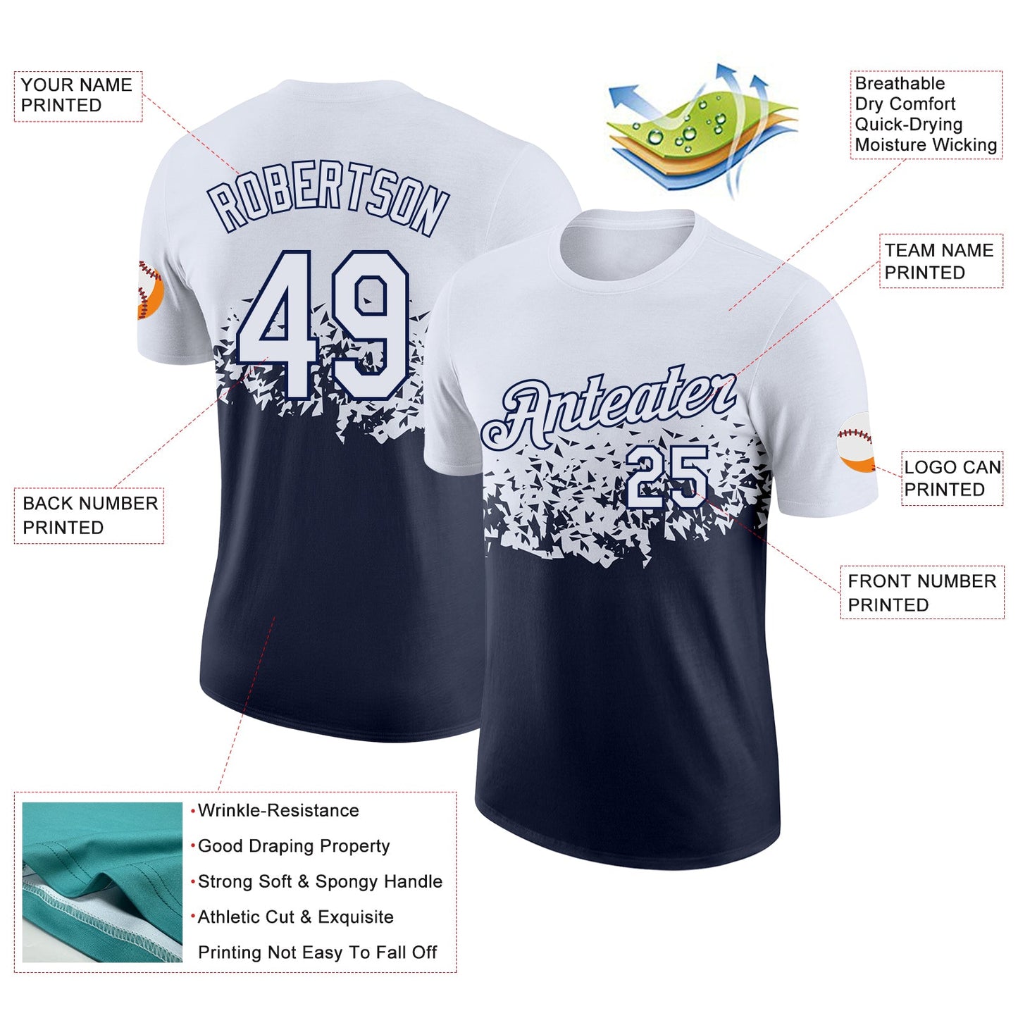 Custom White-Navy Fade Geometric Splatter Fragmented Shards Performance T-Shirt view 2