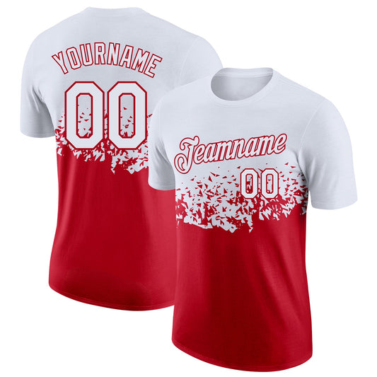 Custom White-Red Fade Geometric Splatter Fragmented Shards Performance T-Shirt - Main View