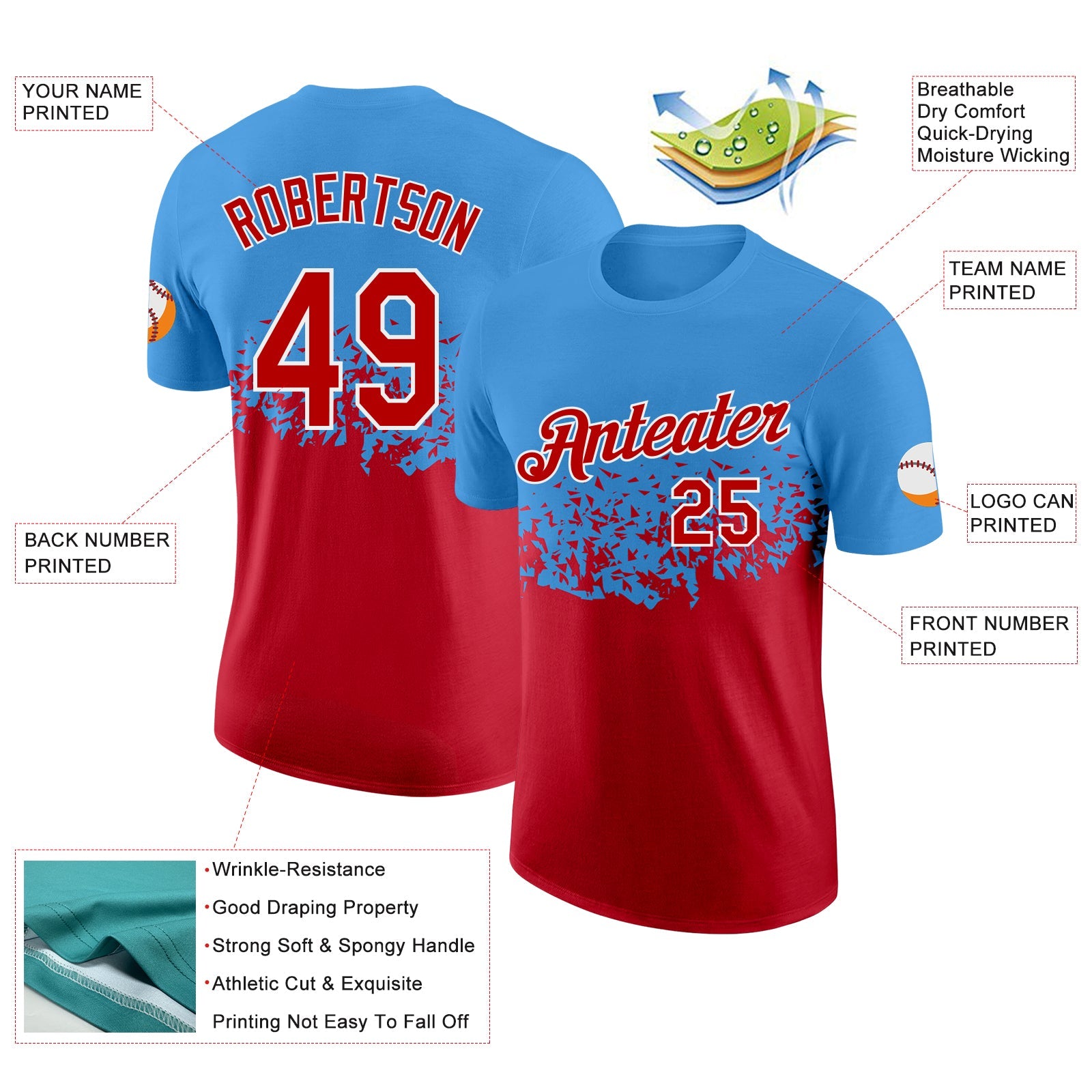 Custom Powder Blue Red-White Fade Geometric Splatter Fragmented Shards Performance T-Shirt view 2