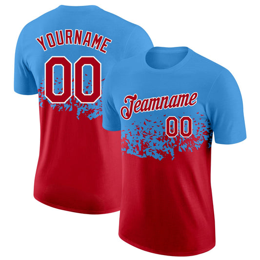 Custom Powder Blue Red-White Fade Geometric Splatter Fragmented Shards Performance T-Shirt - Main View