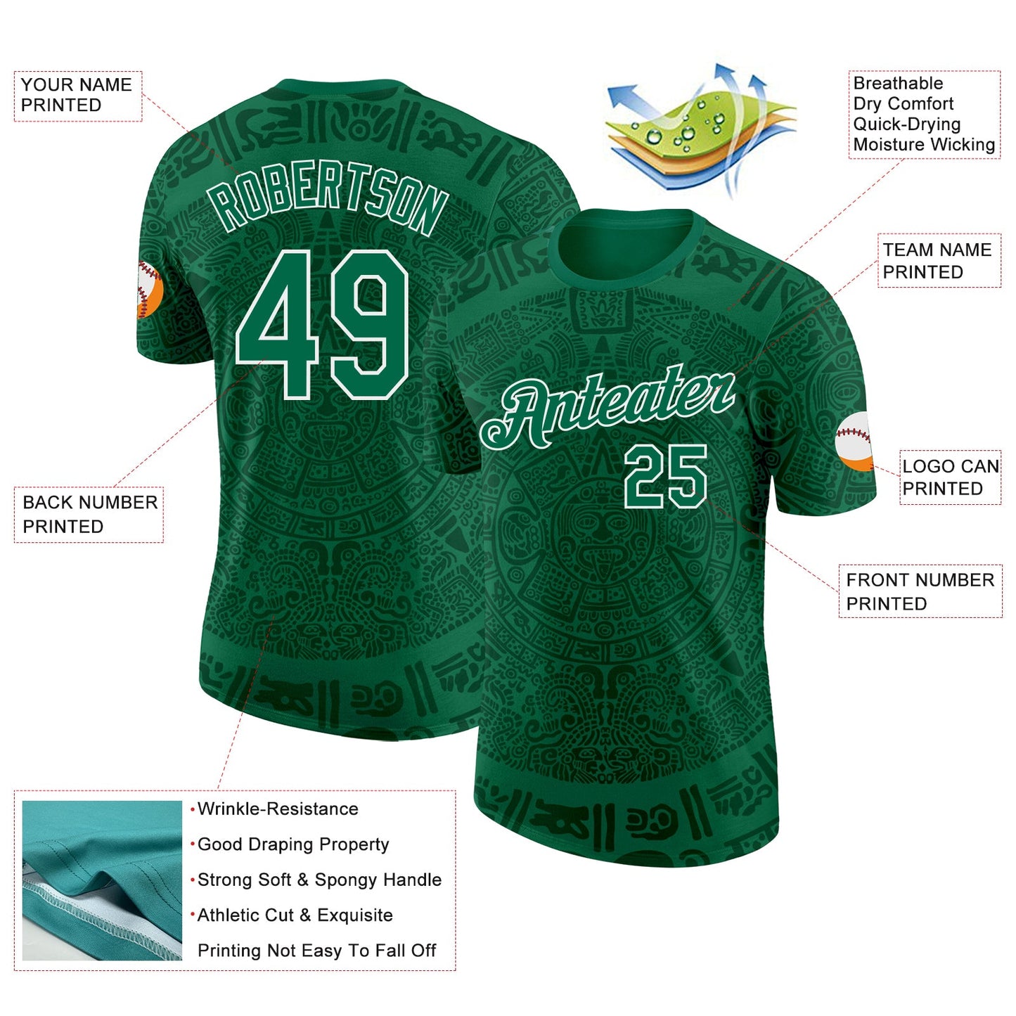 Custom Kelly Green-White Tribal Ethnic Aztec Sun Stone 3D Pattern Performance T-Shirt view 2