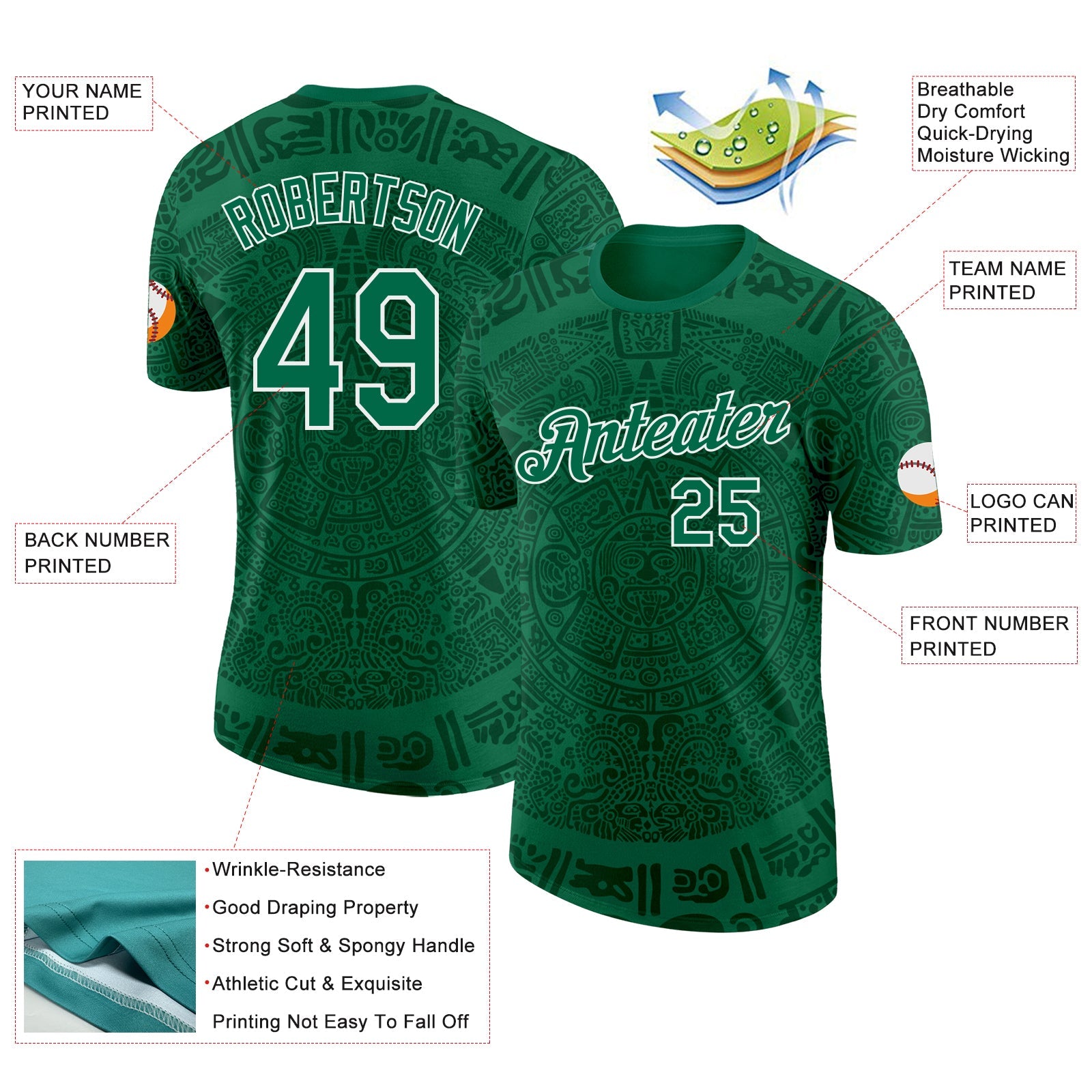 Custom Kelly Green-White Tribal Ethnic Aztec Sun Stone 3D Pattern Performance T-Shirt view 2