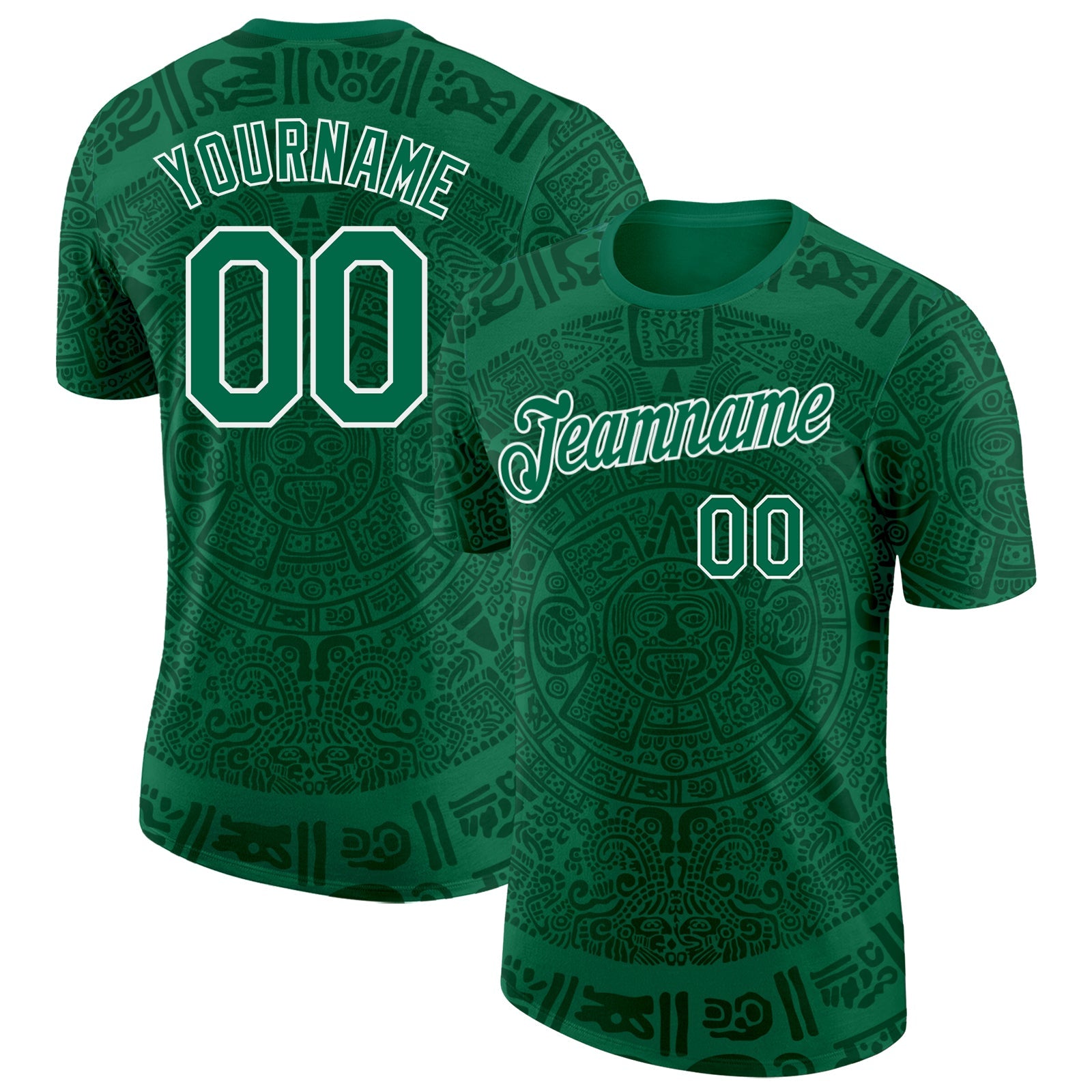 Custom Kelly Green-White Tribal Ethnic Aztec Sun Stone 3D Pattern Performance T-Shirt - Main View