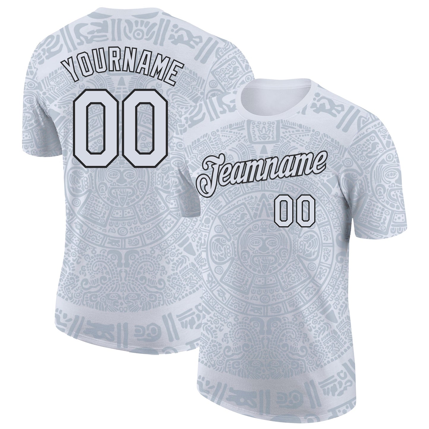 Custom White-Black Tribal Ethnic Aztec Sun Stone 3D Pattern Performance T-Shirt - Main View