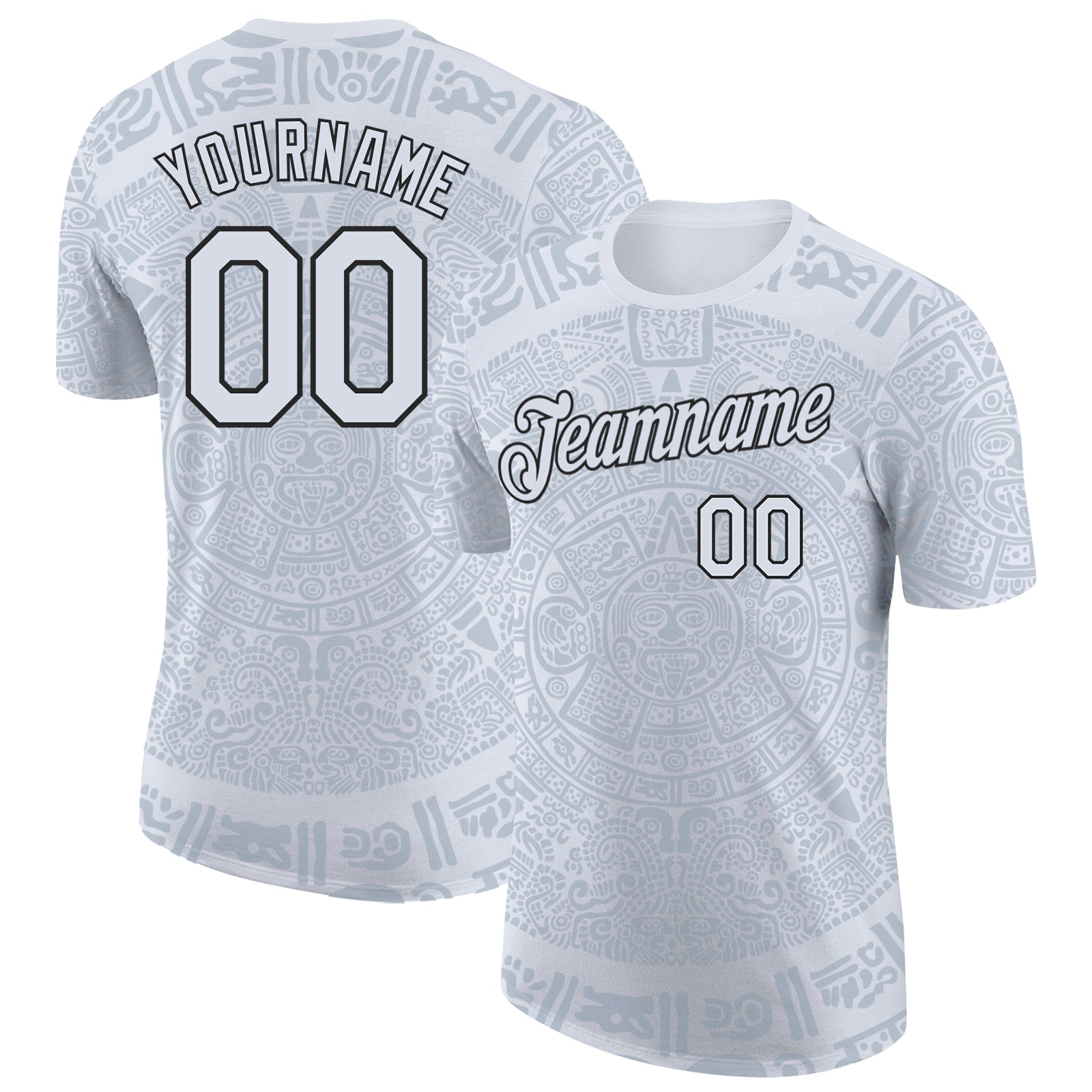 Custom White-Black Tribal Ethnic Aztec Sun Stone 3D Pattern Performance T-Shirt - Main View
