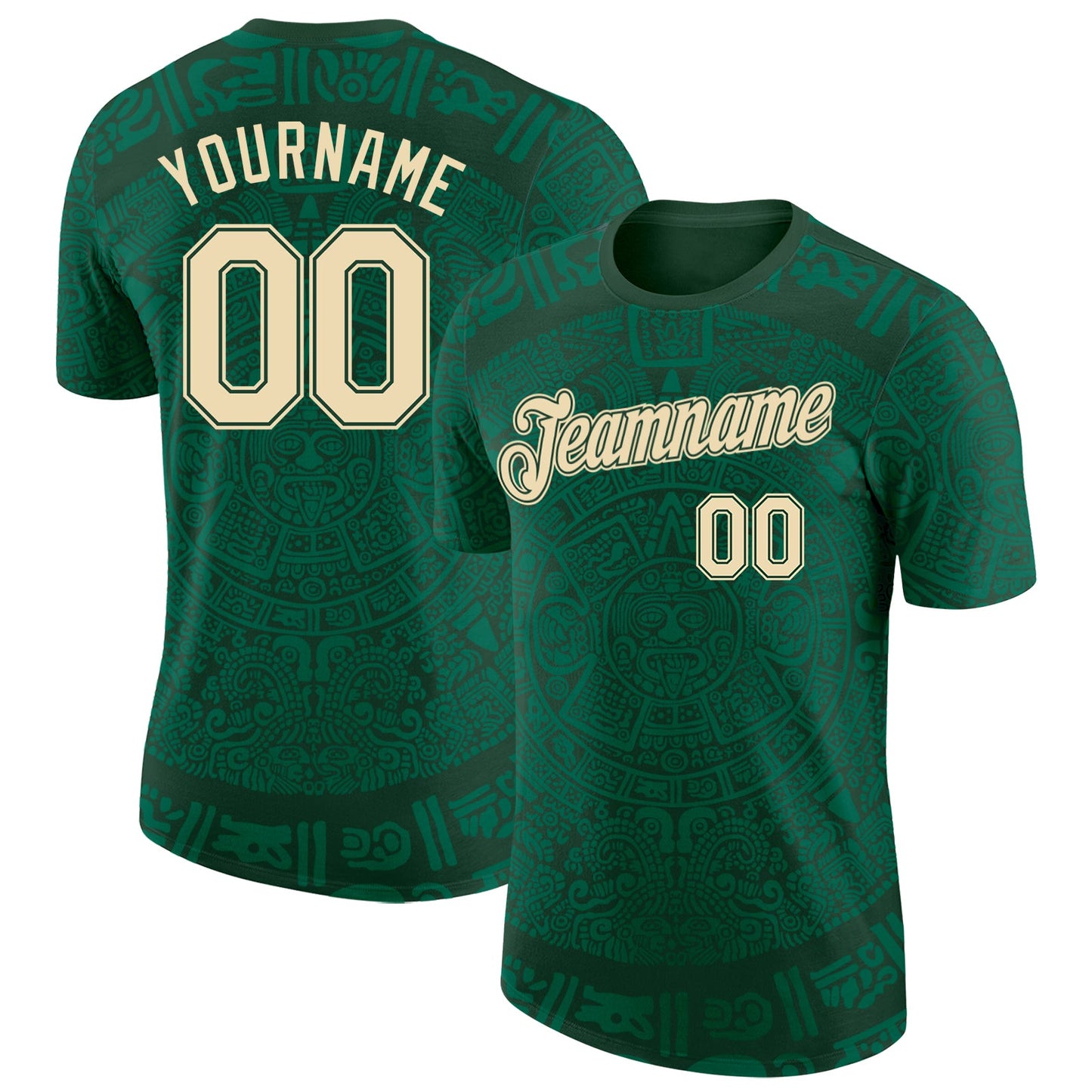 Custom Green-Cream Tribal Ethnic Aztec Sun Stone 3D Pattern Performance T-Shirt - Main View