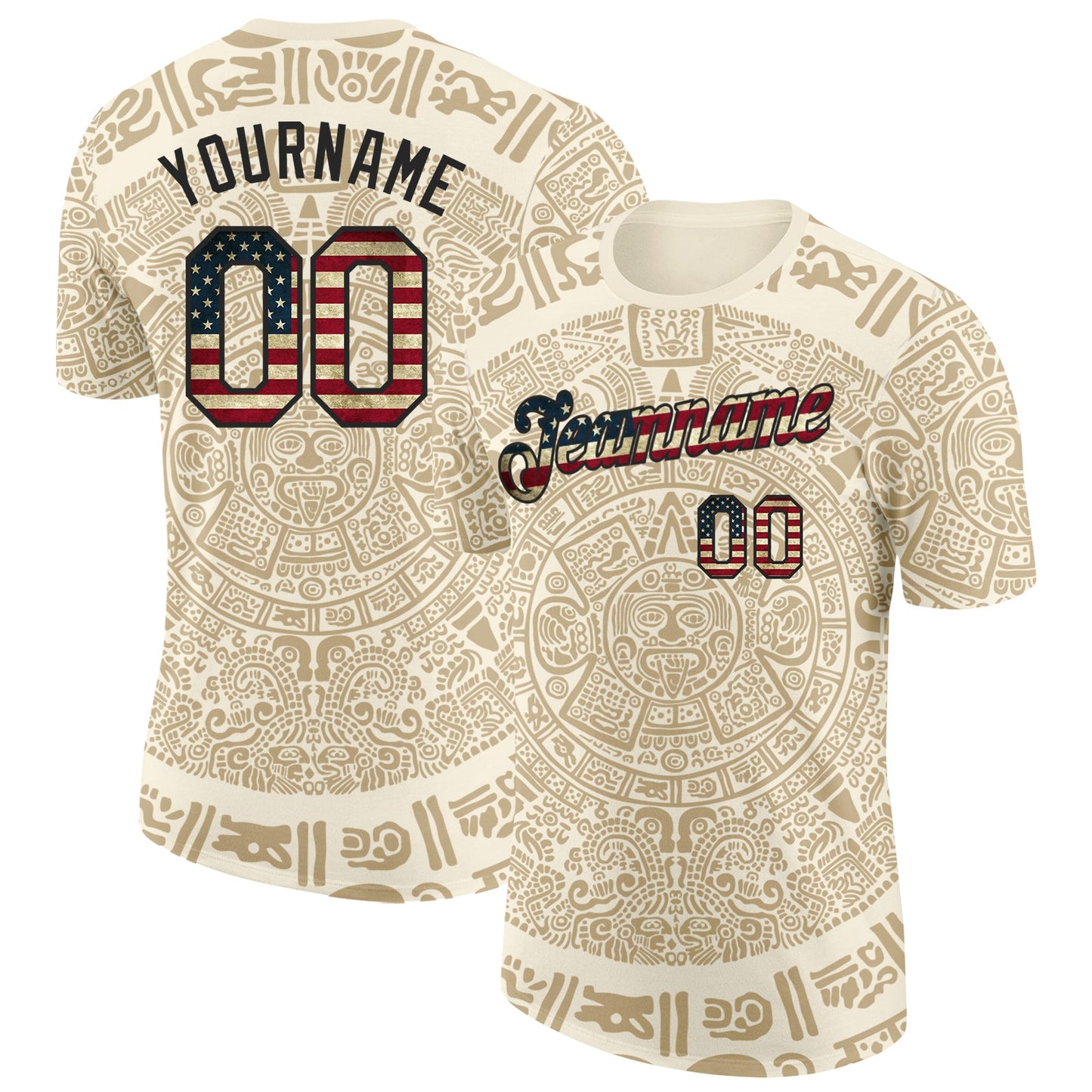 Custom Cream Vintage USA Flag-Black Tribal Ethnic Aztec Sun Stone 3D Pattern Performance T-Shirt - Main View