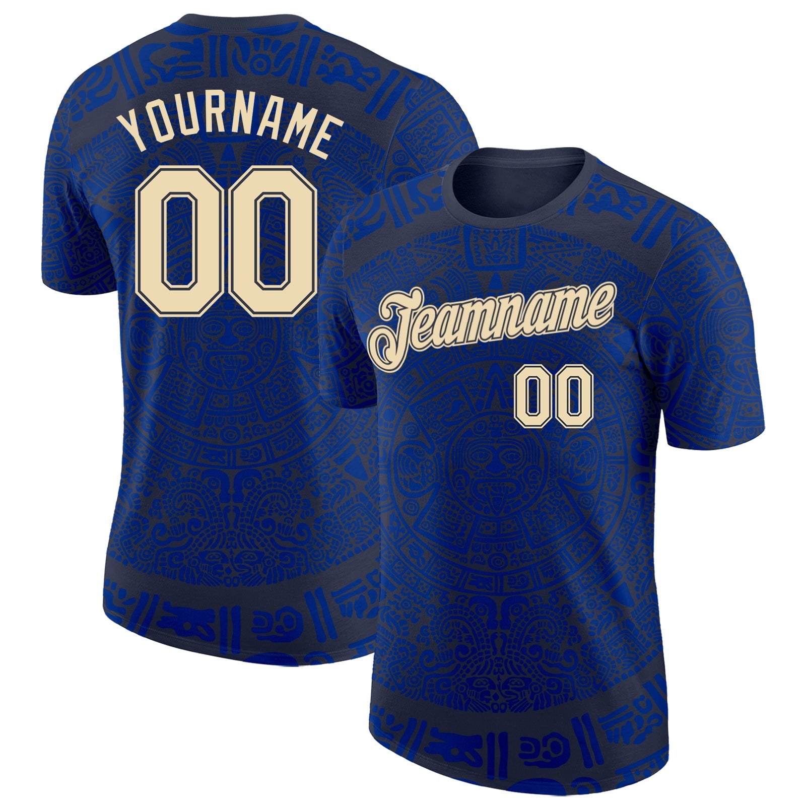 Custom Navy Cream-Royal Tribal Ethnic Aztec Sun Stone 3D Pattern Performance T-Shirt - Main View
