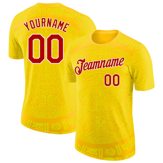 Custom Yellow Red-White Tribal Ethnic Aztec Sun Stone 3D Pattern Performance T-Shirt - Main View