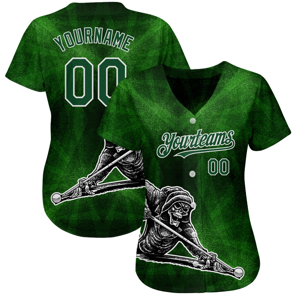Custom Green White 3D Pattern Design A Skeleton Playing Billiards While Drinking A Beer Authentic Baseball Jersey view 2