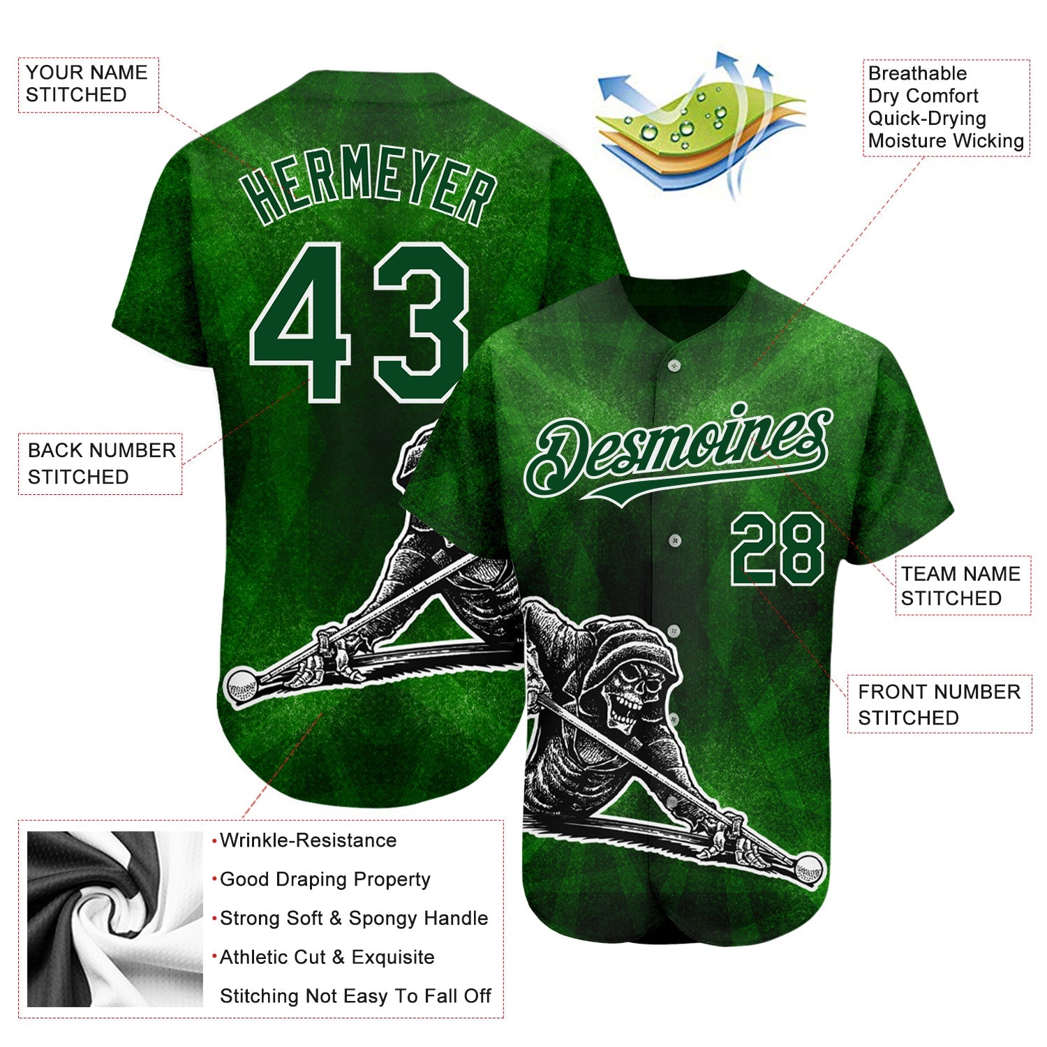 Custom Green White 3D Pattern Design A Skeleton Playing Billiards While Drinking A Beer Authentic Baseball Jersey view 3