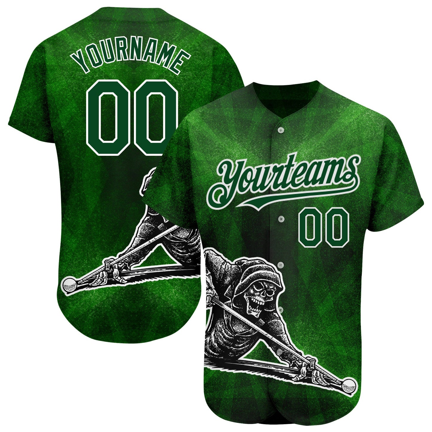 Custom Green White 3D Pattern Design A Skeleton Playing Billiards While Drinking A Beer Authentic Baseball Jersey - Main View