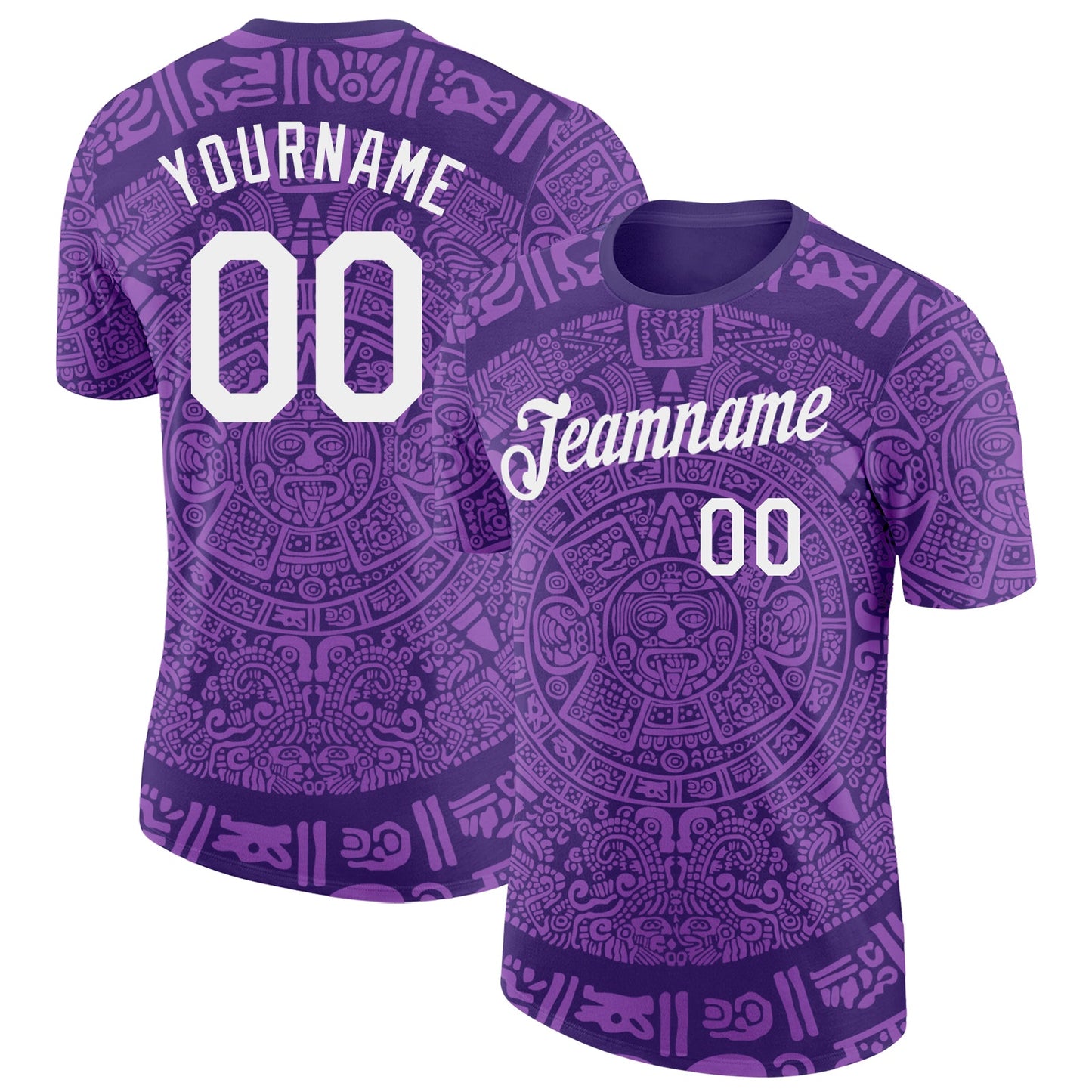 Custom Purple-White Tribal Ethnic Aztec Sun Stone 3D Pattern Performance T-Shirt - Main View