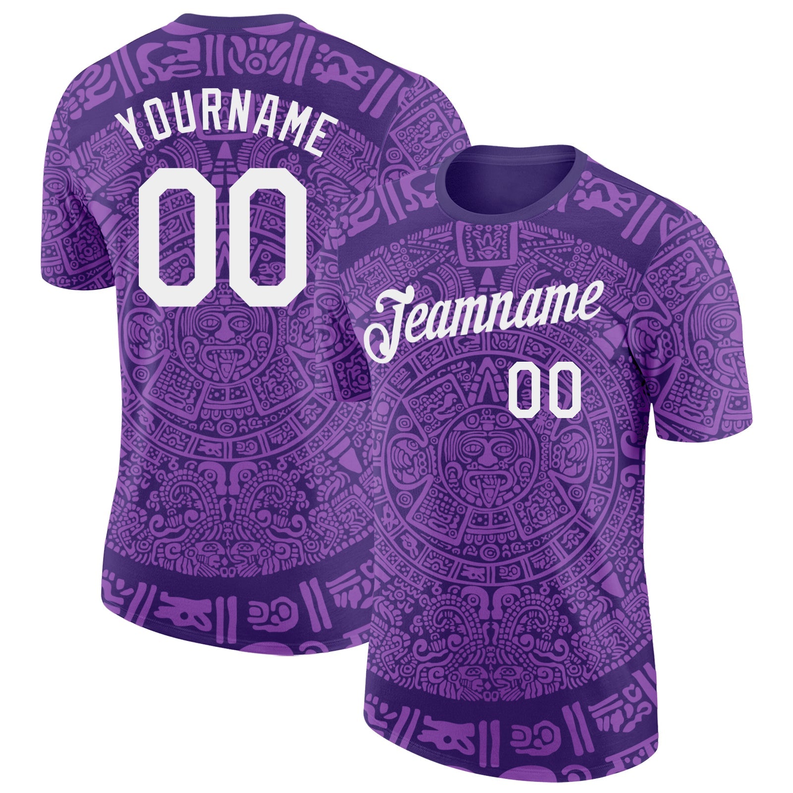 Custom Purple-White Tribal Ethnic Aztec Sun Stone 3D Pattern Performance T-Shirt - Main View