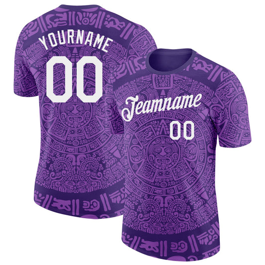 Custom Purple-White Tribal Ethnic Aztec Sun Stone 3D Pattern Performance T-Shirt - Main View