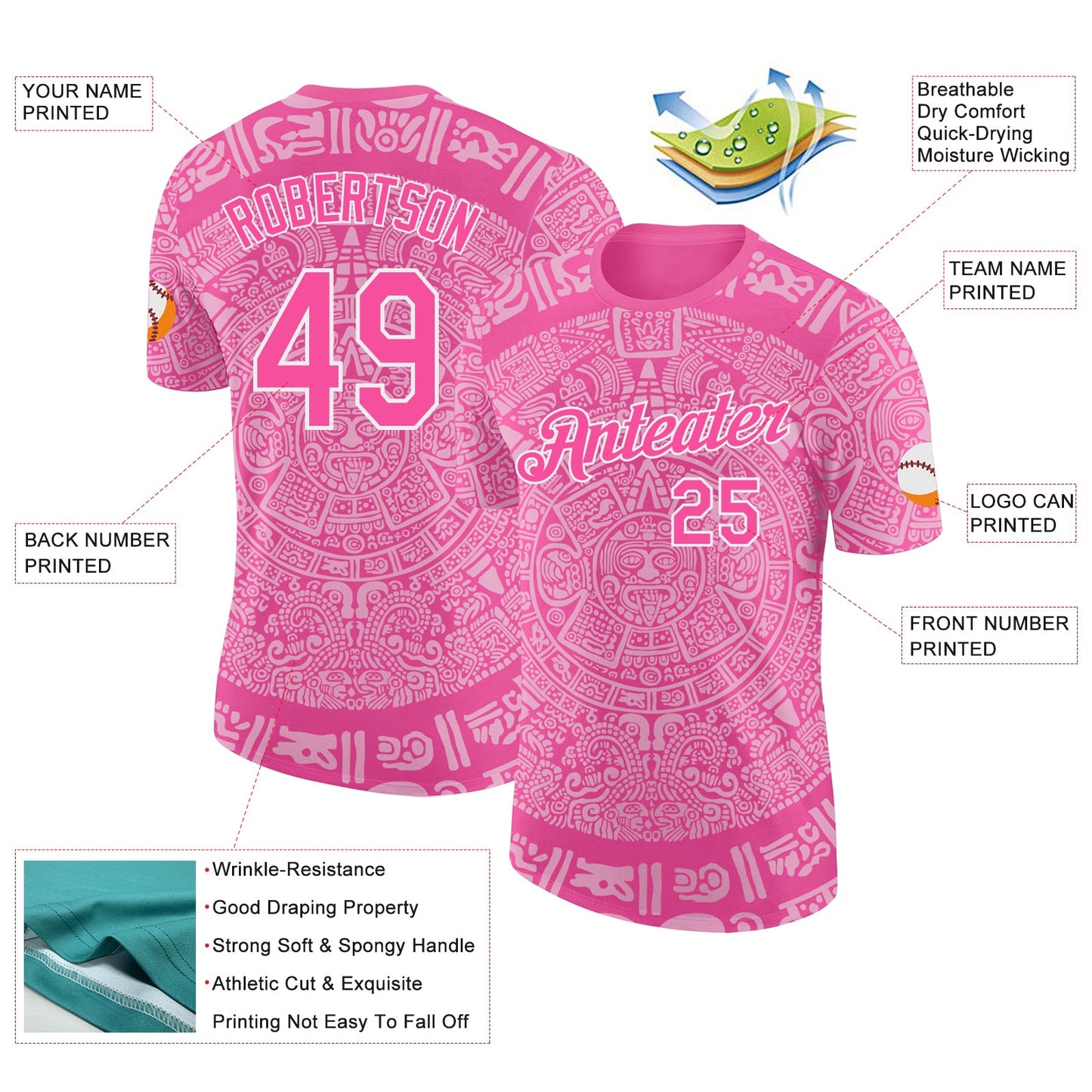 Custom Pink-White Tribal Ethnic Aztec Sun Stone 3D Pattern Performance T-Shirt view 2