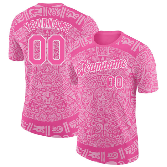 Custom Pink-White Tribal Ethnic Aztec Sun Stone 3D Pattern Performance T-Shirt - Main View