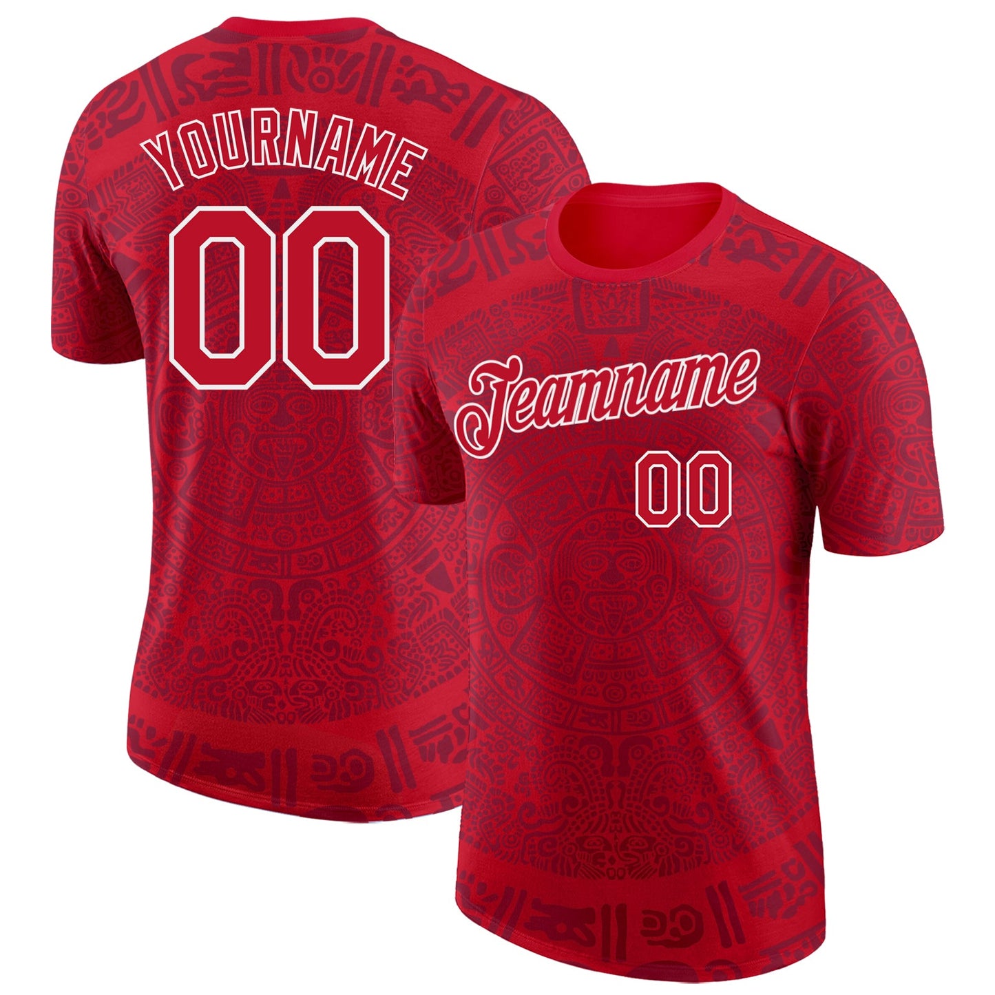 Custom Red-White Tribal Ethnic Aztec Sun Stone 3D Pattern Performance T-Shirt - Main View