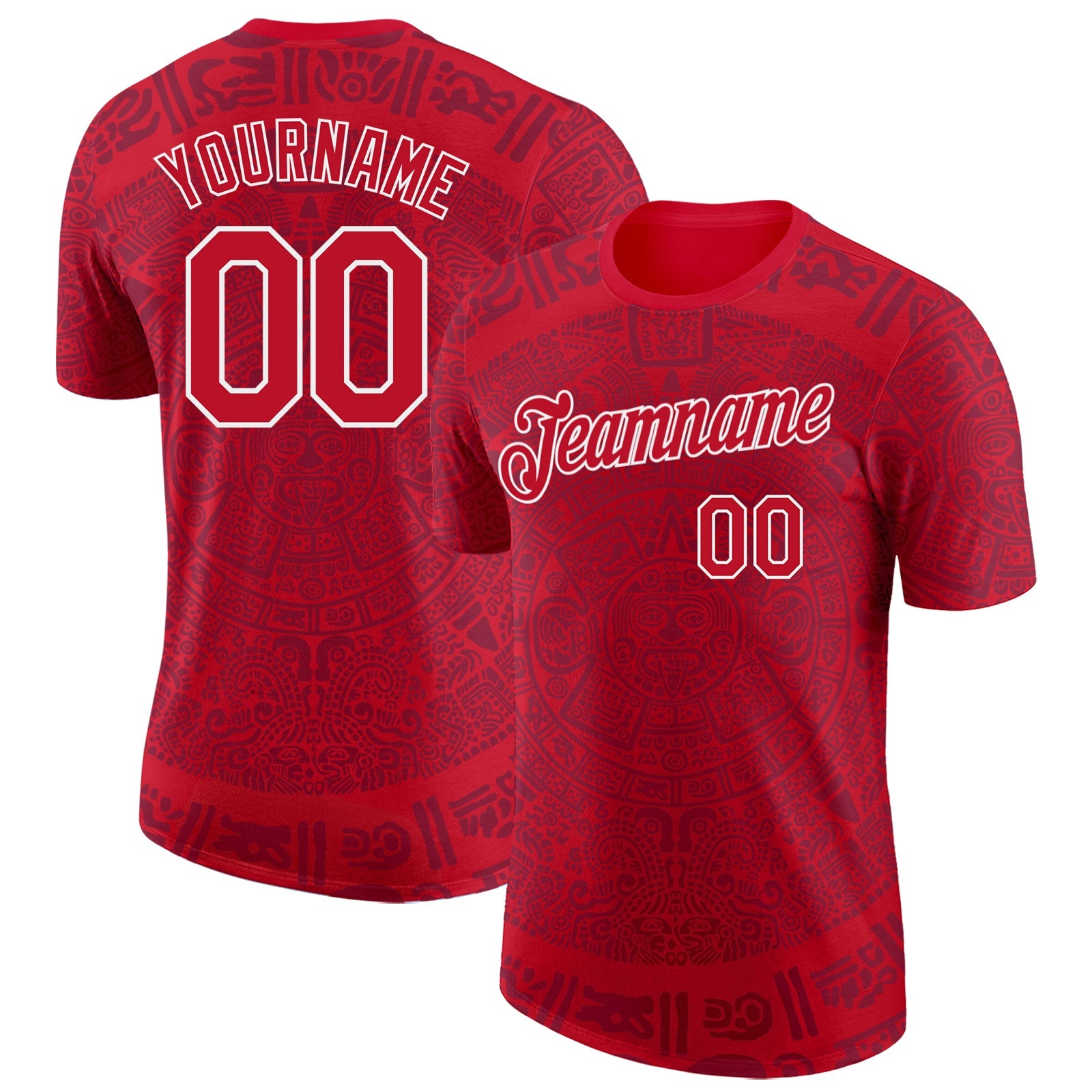 Custom Red-White Tribal Ethnic Aztec Sun Stone 3D Pattern Performance T-Shirt - Main View