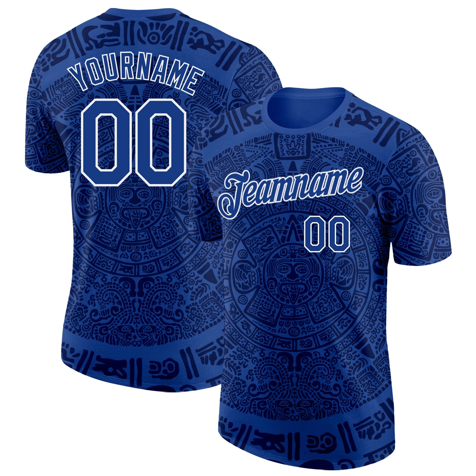 Custom Royal-White Tribal Ethnic Aztec Sun Stone 3D Pattern Performance T-Shirt - Main View