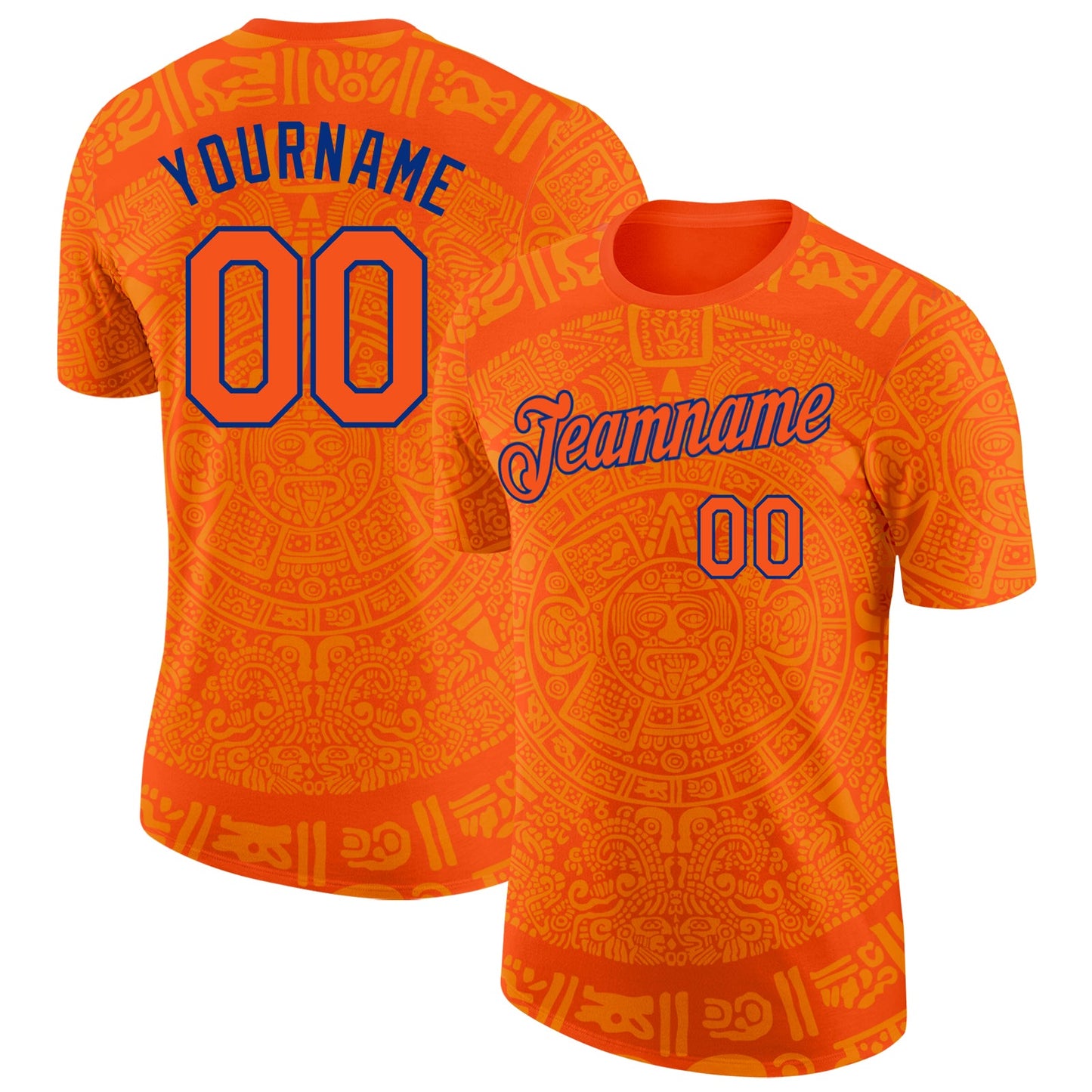 Custom Orange-Royal Tribal Ethnic Aztec Sun Stone 3D Pattern Performance T-Shirt - Main View