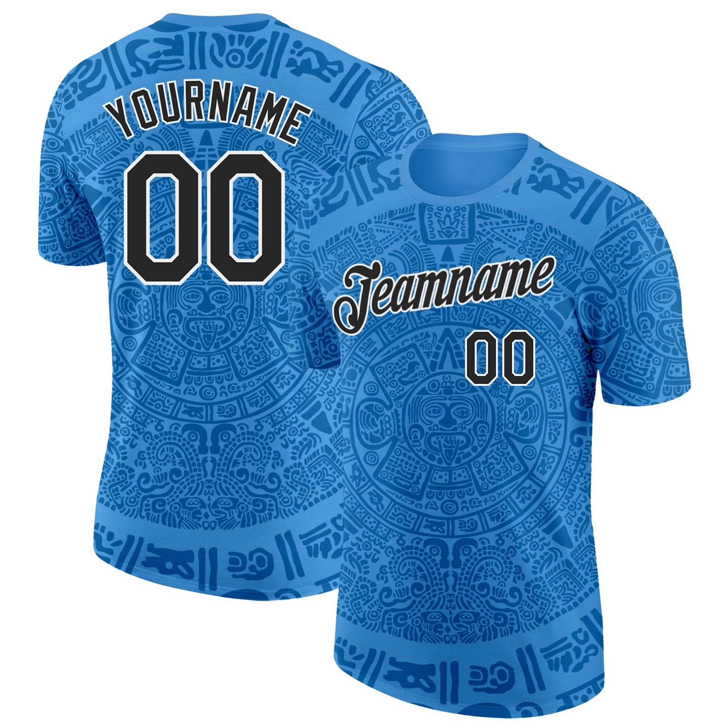 Custom Light Blue Black-White Tribal Ethnic Aztec Sun Stone 3D Pattern Performance T-Shirt - Main View