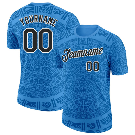 Custom Light Blue Black-White Tribal Ethnic Aztec Sun Stone 3D Pattern Performance T-Shirt - Main View