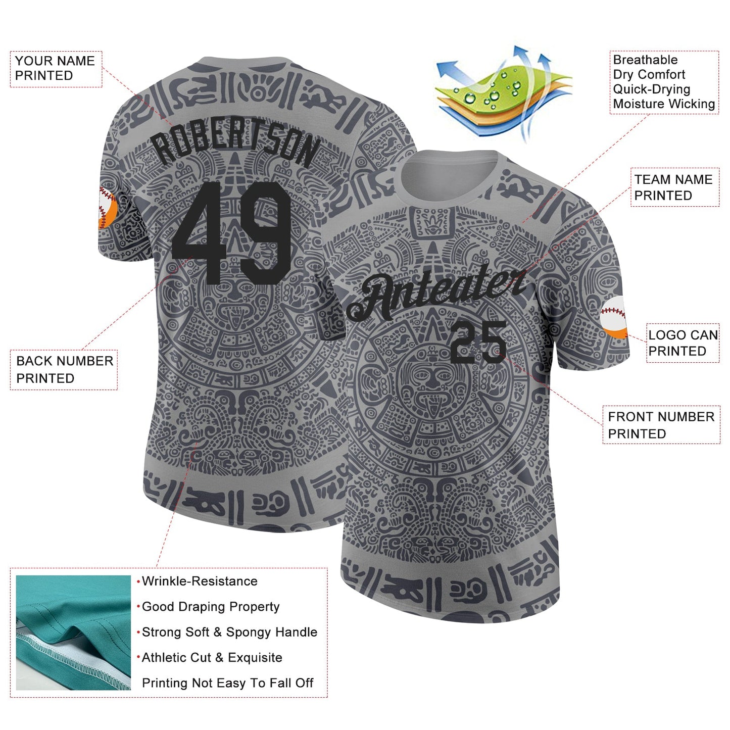 Custom Gray-Black Tribal Ethnic Aztec Sun Stone 3D Pattern Performance T-Shirt view 2