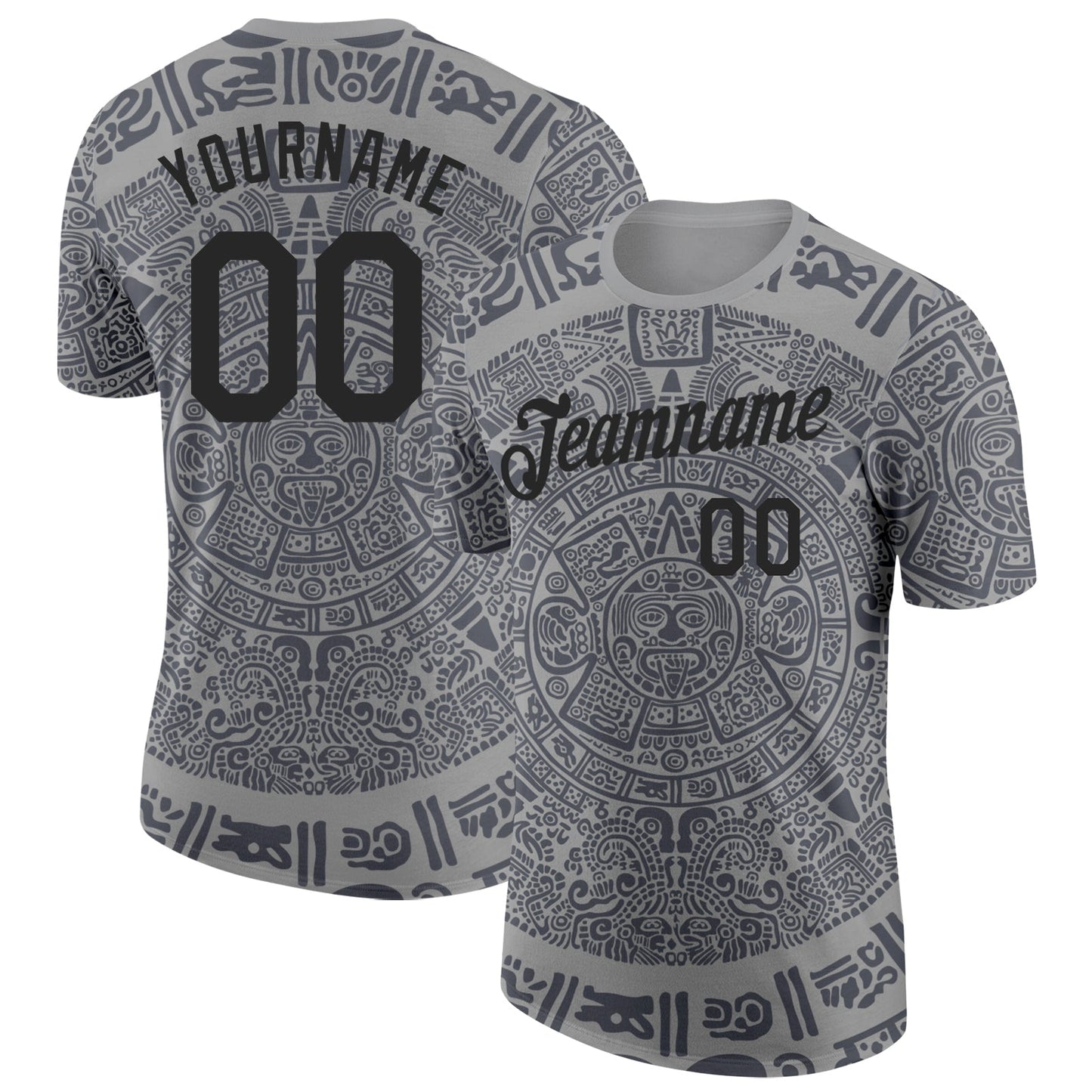 Custom Gray-Black Tribal Ethnic Aztec Sun Stone 3D Pattern Performance T-Shirt - Main View