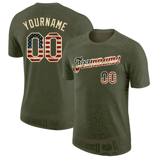 Custom Olive Vintage USA Flag-Cream Tribal Ethnic Aztec Sun Stone 3D Pattern Performance T-Shirt - Main View