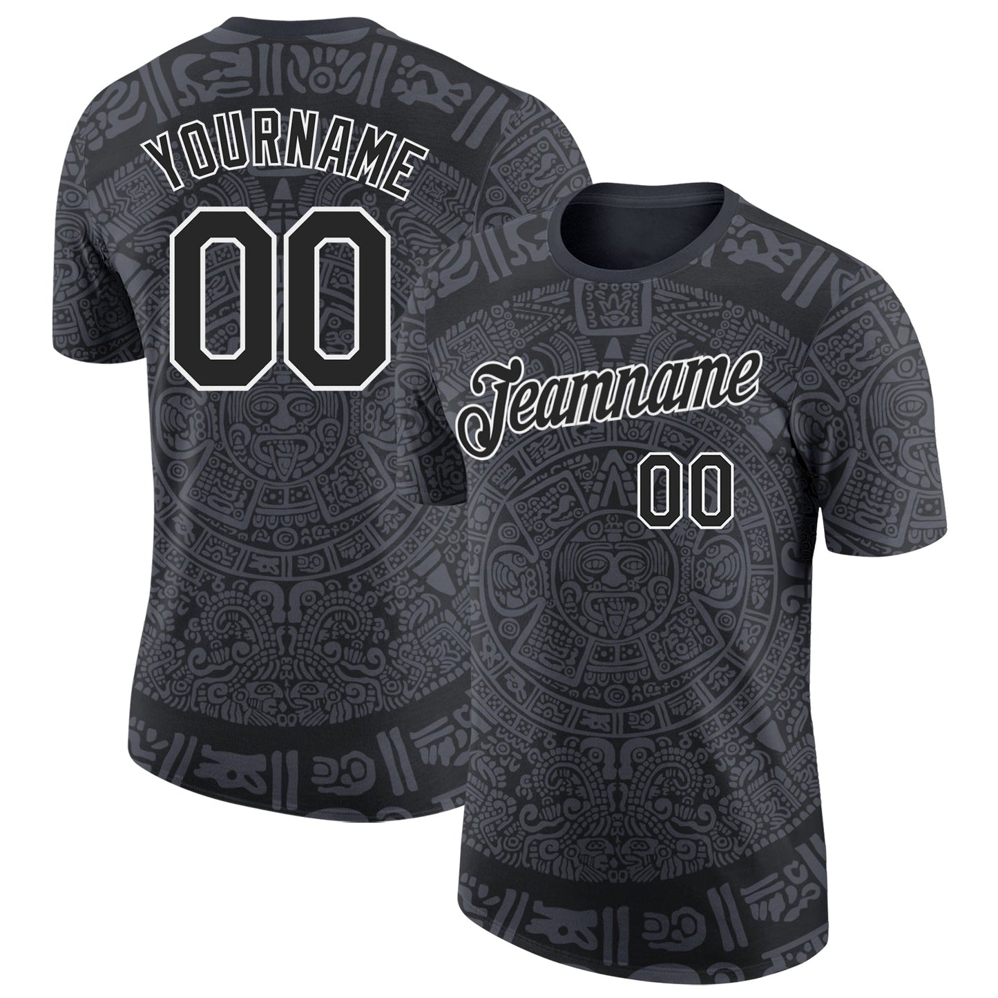 Custom Black-White Tribal Ethnic Aztec Sun Stone 3D Pattern Performance T-Shirt - Main View