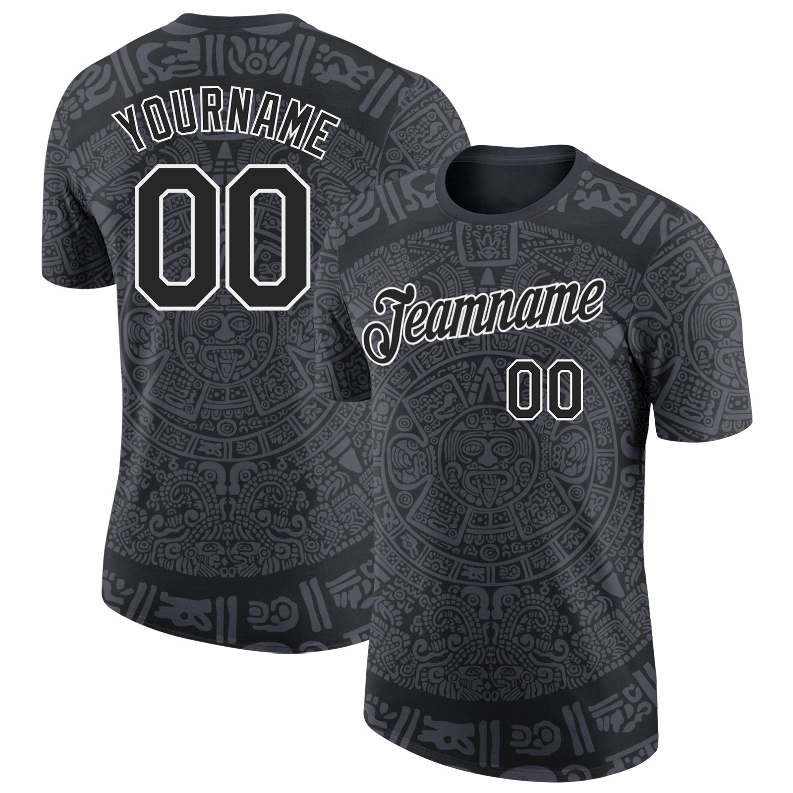 Custom Black-White Tribal Ethnic Aztec Sun Stone 3D Pattern Performance T-Shirt - Main View