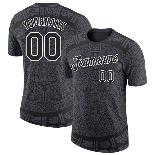 Custom Black-White Tribal Ethnic Aztec Sun Stone 3D Pattern Performance T-Shirt - Main View