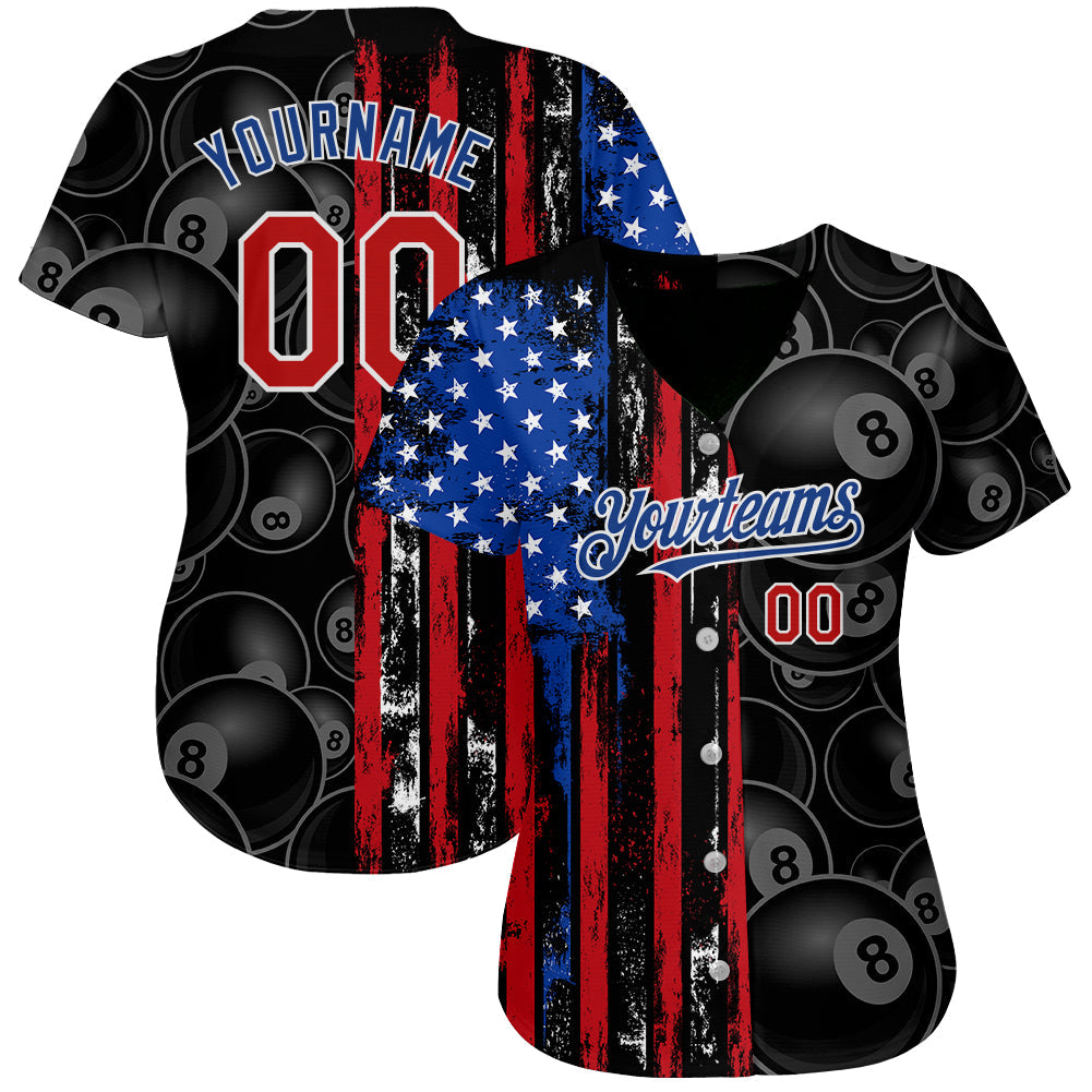 Custom Black Red-Royal 3D Pattern Design Billiards Snooker 8 Ball American Flag Authentic Baseball Jersey view 2