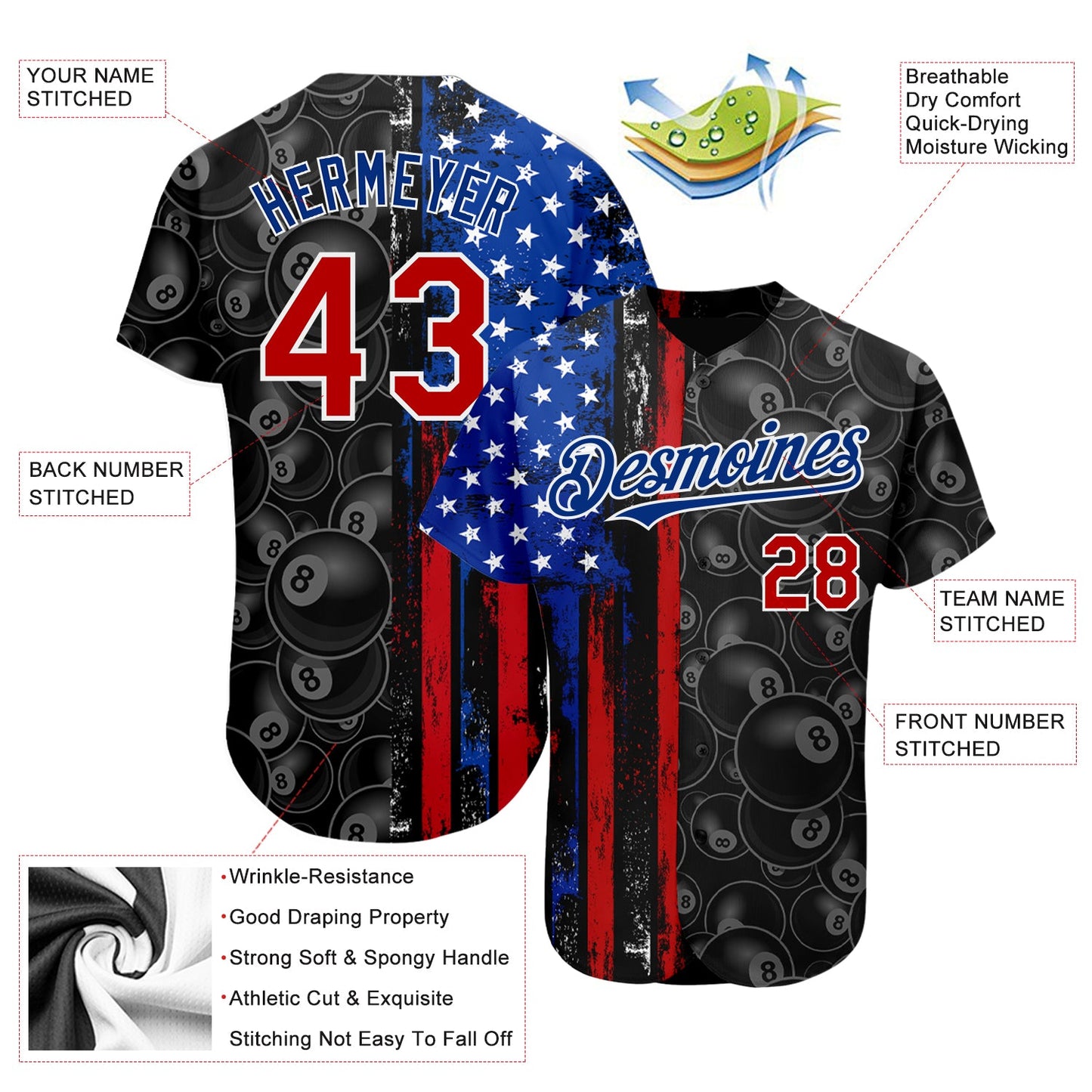 Custom Black Red-Royal 3D Pattern Design Billiards Snooker 8 Ball American Flag Authentic Baseball Jersey view 3